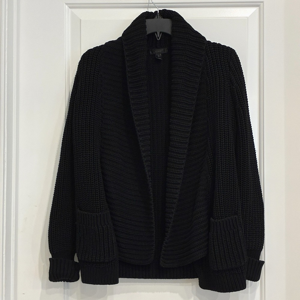J Crew Black Chunky Knit Ribbed Cotton Shawl Collar Open Cardigan Sweater XS